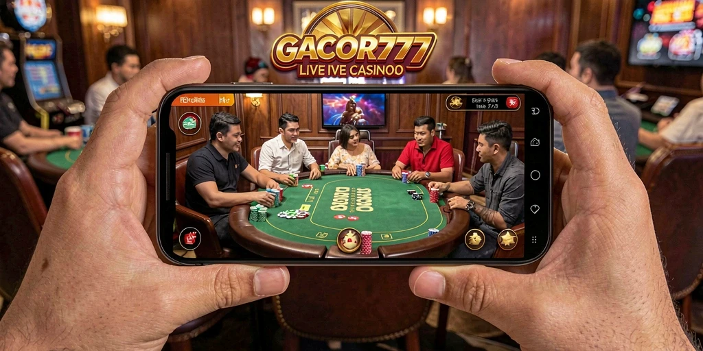 Screenshot utama GACOR777 menampilkan suasana permainan Live Casino yang mendebarkan.