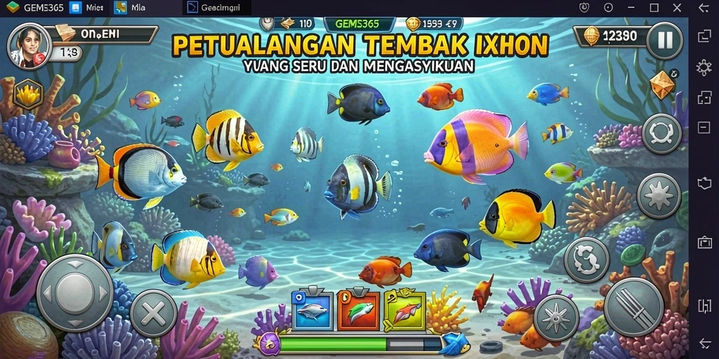 Tangkapan layar utama GEMS365 menampilkan keseruan tembak ikan.