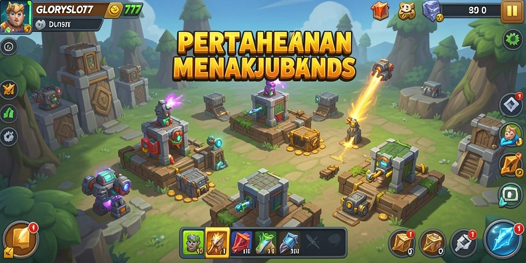 Tangkapan layar dari gameplay GLORYSLOT777 dengan pertahanan menara strategis.