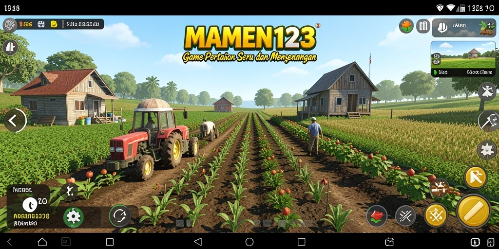 Tampilan gameplay seru dari MAMEN123 yang menunjukkan pertanian aktif.