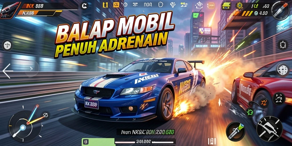 Tangkapan layar gameplay NX888 dengan balapan mobil yang intens.