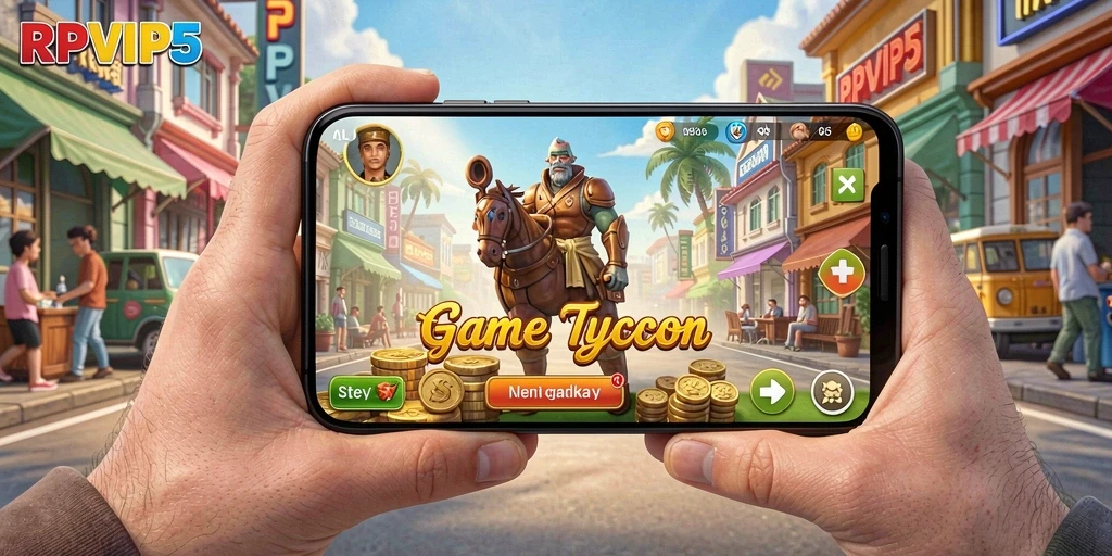 Tangkapan layar RPVIP5 menampilkan gameplay seru dalam membangun bisnis Tycoon.
