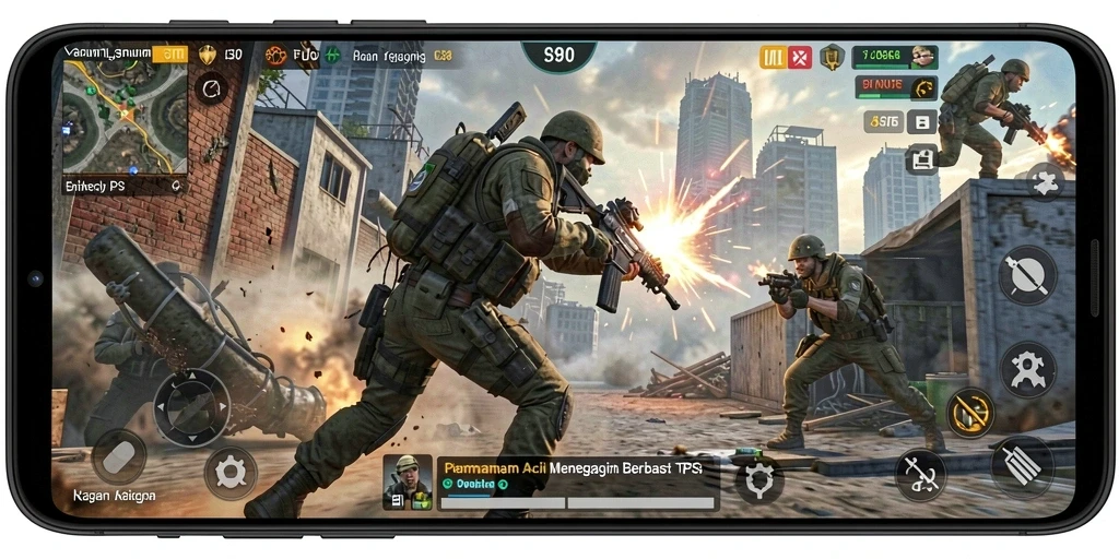 Screenshot S80 menunjukkan gameplay mendebarkan di medan perang TPS.